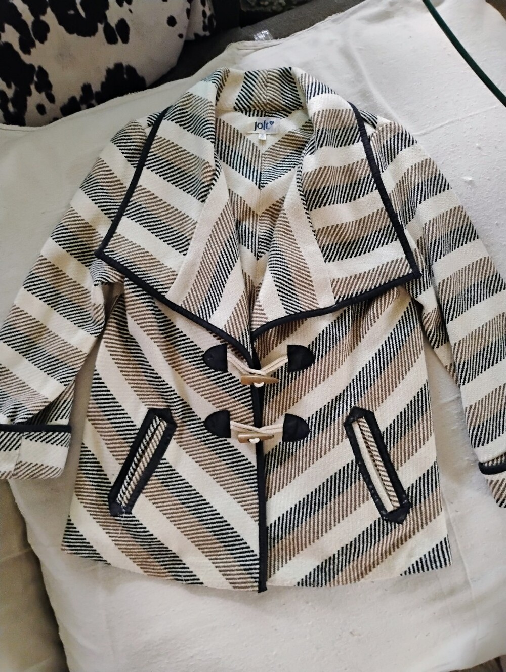 Jolt Cream and Black Striped Toggle Pea Coat
